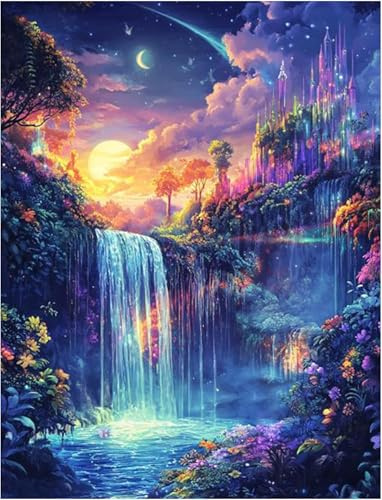 ParNarZar Diamond Painting 30x40cm Eckige Steine Set Sonnenuntergang und Wasserfall 5D Diamant Painting Bilder Erwachsene mit Viereckige Steine Full Drill Crystal Art
