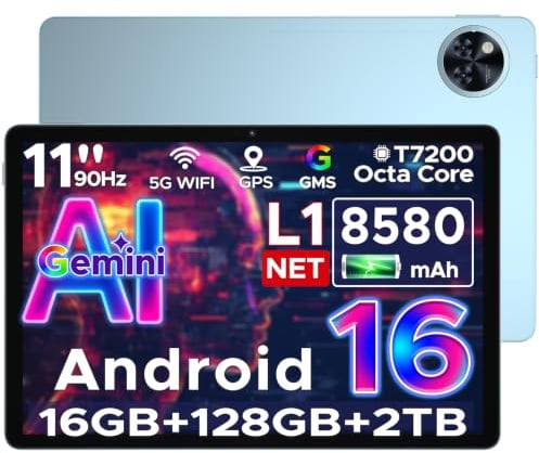 POPUX U11 Android 16 Tablet 11 Pollici Gemini AI 16GB RAM +128GB ROM (2TB TF) 8580mAh Gaming Tablet Unisoc T7200 Octa-Core 13MP+5MP Tablets PC WIFI 5/ GMS/ WidevineL1/ 3.5mm Audio/GPS/Face ID/OTG,Blu