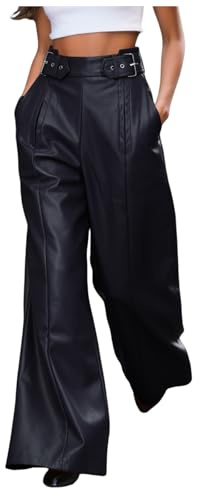Lederhose Damen High Waist Wide Leg Gerade Geschnitten Kunstleder PU Lederoptik Einfarbig Mit Taschen Locker Bequem Elegant Für Freizeit Party Arbeit Streetwear Ohne Kordelzug (S)