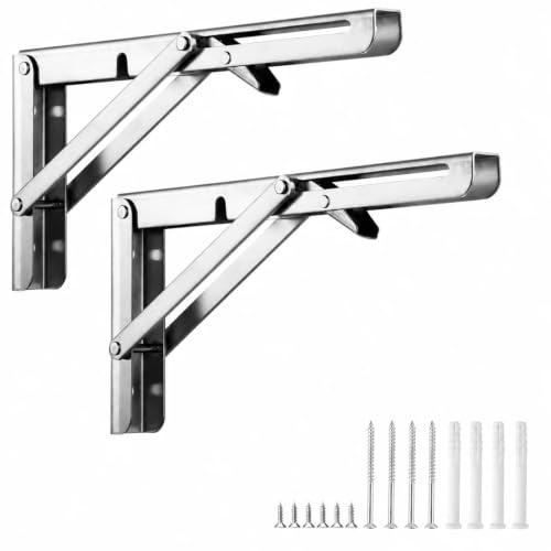 30cm Équerre Pliante Étagère en Acier Inoxydable Argent, 2 Pièces Support Tablette Rabattable Charge Lourde Max 60kg, Console Pliable pour Table Murale, Établi, Gain de Place