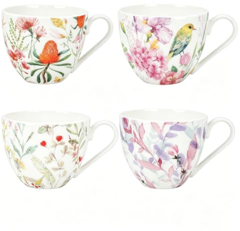 TMZDCJK Floral Fine Bone China Mugs Set of 4, 450 ml – Gift for Women | Ceramic Coffee and Tea Cup Set, Vintage Floral Pattern, Gift Box Included, Ideal Gift for Women and Tea Lovers