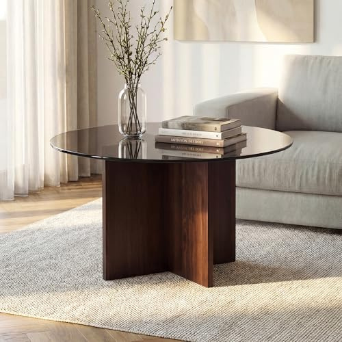 Sicaan Table Basse Ronde GIULIA Ø80 cm – Verre Trempé Noir – Structure MDF Effet Noyer – Hauteur 45 cm – Pieds Stables Et Solides – Design Moderne Et Élégant – Salon – Plateau Pratique – Livrée En Kit