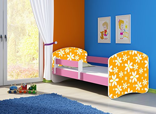 CLAMARO 'Fantasia Pink' 180 x 80 Kinderbett Set inkl. Matratze und Lattenrost, mit verstellbarem Rausfallschutz und Kantenschutzleisten, Design: 25 Orange Daisy
