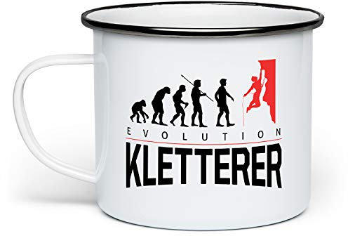 Fashionalarm Emaille-Tasse Evolution Kletterer beidseitig Bedruckt | Emaille-Becher mit Spruch als lustige Geschenk-Idee Bergsteiger Klettern, Weiß/Schwarz