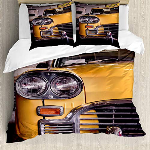 ABAKUHAUS New York Bettwäsche Set für Doppelbetten, Antique Yellow Taxi, Weicher Microfaserstoff Allegigeignet kein Verblassen, Gelb Grau