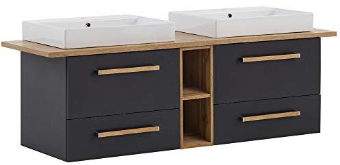Lomadox Badmöbel Doppel Waschtisch-Unterschrank Set mit Regal, anthrazit mit Eiche-Landhaus, Keramik Aufsatz-Waschbecken, 4 Schubkästen, B/H/T 165,2/61,5/50 cm