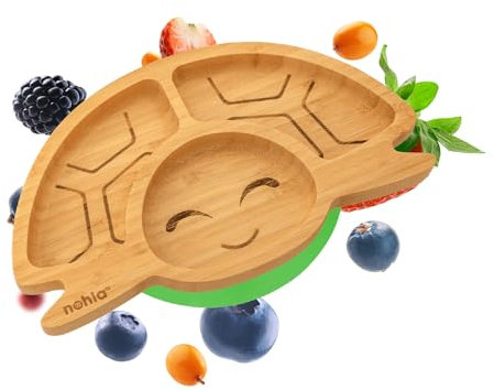 nohla ® Tate The Turtle Bambus-Baby-Entwöhnungsplatte mit Saugnapf, 15 x 26 cm, auslaufsicherer Saugfuß, ideal ab 6 Monaten, 100% Bambus und FDA-Silikon, organisch und BPA-frei, Grün
