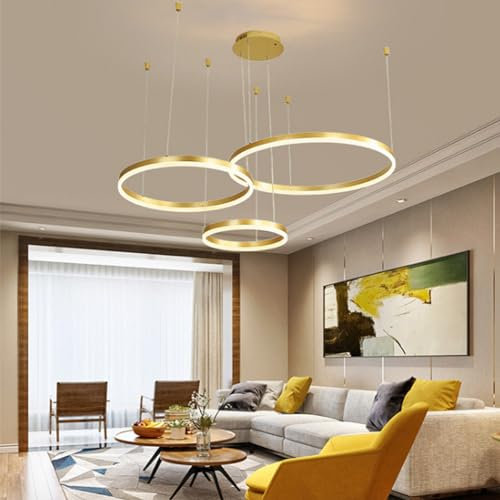 HYQJUNE Modern LED Ring Pendelleuchte Dimmbar Wohnzimmerlamp Aluminium Kronleuchter Mit Fernbedienung Schlafzimmer Hängeleuchte Salon Esszimmer Deckenleuchte Metall Acryl Hängelampe,Gold,40+60+80