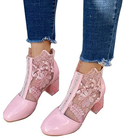 ORANDESIGNE Stivaletti con Tacco Spesso in Pizzo Cavo, Sandali Leggeri Estivi alla Moda da Donna Dietro Stivaletti Corti con Cerniera Punta Tonda Stivali A metà Polpaccio Scarpe A Rosa 39 EU