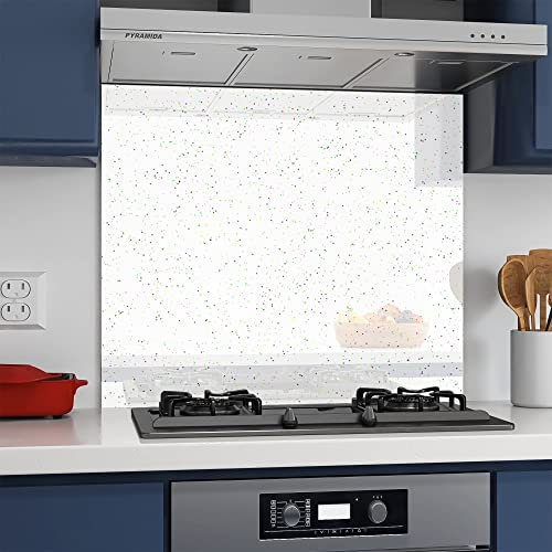 BELOFAY 60x65cm White Sparkles 6mm Tempered Glass Splashback for Kitchen, 6mm Toughened Glass Heat Resistant Splashbacks for Cookers