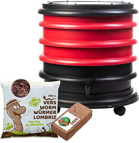 WORMbox | Lombricomposteur 3 Plateaux Rouge + 250gr de vers de Compost + 1 Bloc Coco | 48 litres | Compostez Vos déchets organiques, Les vers de Terre/lombrics produisent du lombricompost