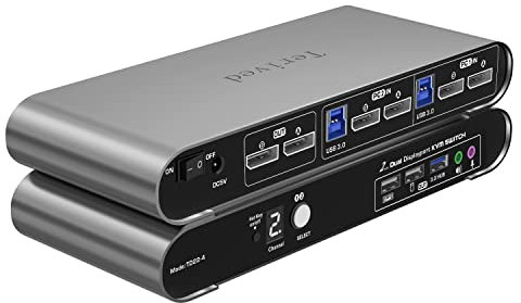 Terived 2 Port DP USB 3.0 KVM Switch Dual Monitor Two Computers Two DisplayPort Monitors switcher, 8K@30Hz 4K@144Hz, Aluminum hotkey Audio mic, Digital Display, HDR10 with Cables