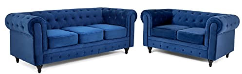 Bravich Velvet Chesterfield Sofa- Blue. Two & Three Seater Sofa Set, Soft Plush Fabric Couch. Living Room Furniture, Easy Clean. 2+3 Seater