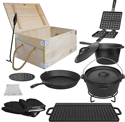 LZQ Juego de 12 ollas holandesas en caja de madera, juego de ollas para barbacoa con accesorios para barbacoa, incluye olla de hierro fundido de 3,6 L, gofres de hierro fundido, elevador de tapa