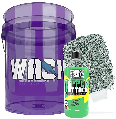 Autowäsche Basis Set - Garage Freaks Wascheimer Wash 5 GAL + Autoshampoo Apple Attack 1L + Premium Waschhandschuh - Car Shampoo für Autowäsche - Handwäsche - Autoreinigung Aussen
