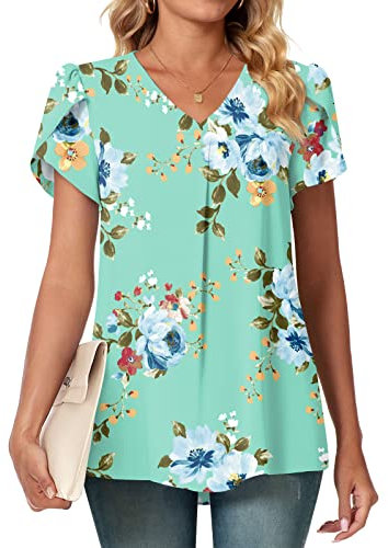 Bestbee Ladies Summer Tops, V Neck Petal Short Sleeve Shirts Dressy Chiffon Tunic Tops Casual T-Shirts Cute Blouses for Women, Mint Green, L