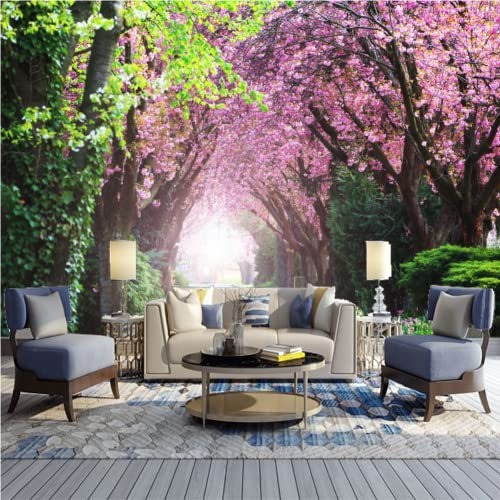 Carta da Parati 3D Strada Con Alberi In Fiore In Primavera, Quadri Murali Fiori Di Ciliegio, Sfondo Murale 250 x 175 cm - per Camera letto, Soggiorno
