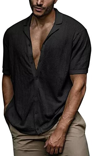 Camicia Casual Semplice a Maniche Corte in Tessuto Morbido Solido da Uomo Estivo Camicia di Velluto (M,a-Nero)