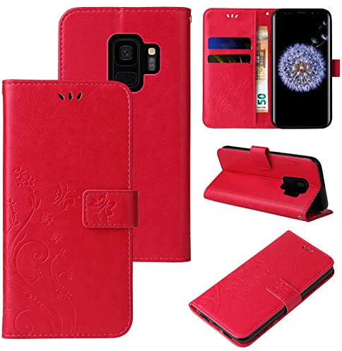 LBH Handy Hülle für Samsung Galaxy S9 Case Handytasche Schmetterling Blumen Flower Standfunktion Schutzhülle Magnet Rundum Schutz 360 Grad Flipcase Cover Rot