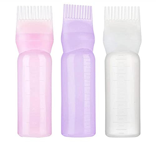 Wurzelkamm-Applikator-Flasche, Haaröl-Flaschen-Applikator, Haar-Applikator-Flasche, Haaröl-Applikator mit abgestufter Skala für Haarfärbemittel, (Weiß+Lila+Rosa)