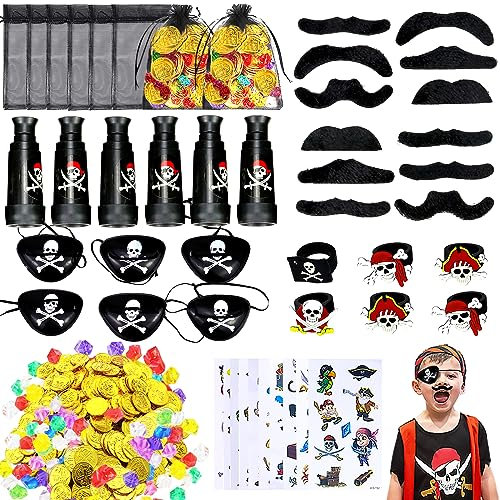 86Stück Piraten Zubehör Set,Piraten Augenklappe,Piraten Teleskop ,Schnurrbärte,Piraten Goldmünzen,Temporäre Tattoos,Piraten Party Deko Karneval Halloween Preise Geschenke für Jungen und Mädchen