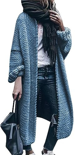 Vasreyy Motorrad Jacke Vintage Jacke Damen Plissee Kleidung Frauen Einfarbig Langarm Strickjacke Oversize Frühling Winter Herbst Warm Cardigan Lang Mantel Grobstrick Bolero Weiß (Himmelblau, L)