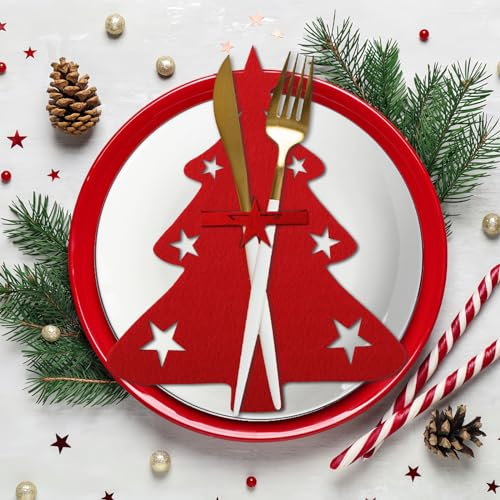 Besteckhalter Weihnachten Filz, Tischdeko Weihnachten, 12pcs Bestecktasche Weihnachten Rot Filz, Weihnachtsbaum-Bestecktasche für Messer, Gabeln Und Löffel, Weihnachtstisch Deko, Weihnachten Party