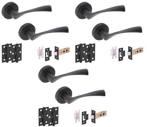 Hunta HANDLEZONE® 3 Sets Zena Internal Door Handles on Rose Lever Latch Packs with Ball Bearing Hinges - Black Matt