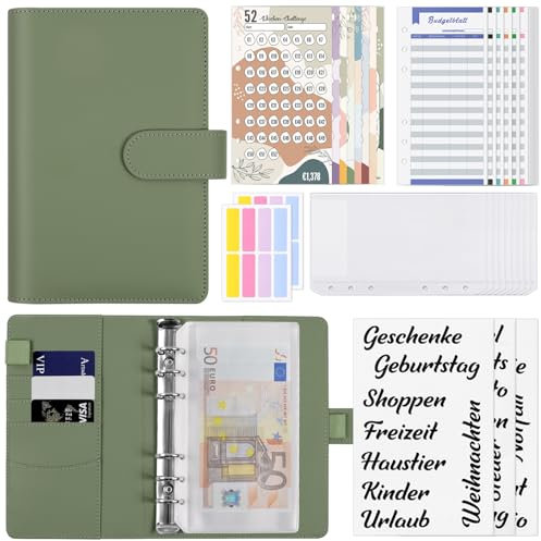 KONVINIT Budget Planner Deutsch,A6 Sparchallenge Budgetplaner,Budget binder mit 8 Sparchallenges 1€ | 2€ | 5€ | 10€ | 1000€| 52 Wochen Finanzplaner Haushaltsbuch Geld organizer,olive