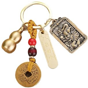 calfee Feng Shui Schlüsselanhänger, 4-teiliges Set, Vintage, Messing, Geldbeutel, Schlüsselanhänger, chinesische fünf Kaiser, Münzen, Auto-Schlüsselanhänger, Charm-Anhänger, drache, 4cm