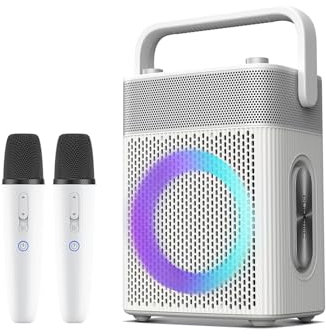 Karaoke Machine with 2 UHF Wireless Microphones with Leather Bag, IPX4 Waterproof Portable Bluetooth Speaker with Lights for Adults, Outdoor Karaoke Speaker Support Bluetooth/AUX/USB/PC (White)