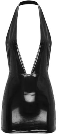 RUNQHUI Femme Mini Robe Sexy Courte Moulante Dos Nu Robe Décolleté Plongeant Cuir Verni Wetlook Robe Clubwear S-4XL Type A Noir 3XL