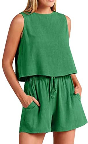 Damen Trainingsanzug Sommer Lässig Sport Jogging Atmungsaktiv Strand Tops + Hose 2-teilig Set günstig Einfarbig Lässiger Anzug Sommer Strandkleidung Shorts Damen Sommer Fluid, grün, 42