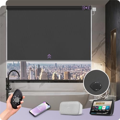 Graywind Customized Smart Roller Blinds Blackout, Vinyl Waterproof Electric Windows Blinds Compatible with Alexa Google, Wifi Hardwired Motorised Roller Shades with Remote, Dark Grey