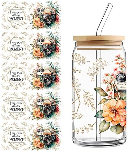 UV DTF Cup Transfer Aufkleber, Asudaro 5 Blätter 16 OZ Tasse Aufkleber Bunte Transfer Aufkleber Rubbing Kleber DIY Mug Stickers für Kaffeebecher, Babyflaschen, Gläser Lagerung Typ 04