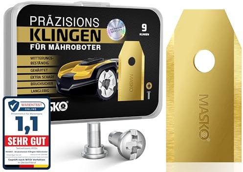 MASKO® Ersatzmesser Klingen für Mähroboter | Rasenmäher Messer universal inkl. innovativen Schrauben | Ersatzklingen Rasenroboter langlebig Titan-Beschichtung Kompatibel mit Gardena/Husqvarna 9 Stück
