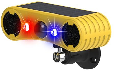 DINOWI Solar Bewegungsmelder Alarm wasserdicht 130dB Dual Lautsprecher Hundegebell & Rotes Blaulicht Alarmleuchte 13 Tonschleife Alarmanlage für Garage, Bauernhof, Garten (1 Stück)