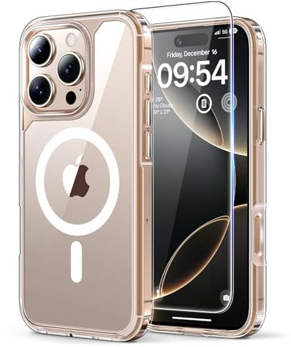 TAURI Magnetica Cover per iPhone 16 Pro [Compatibile con MagSafe] con Pellicola in Vetro Temperato, Custodia Rigida per Sottile Anticaduta - Trasparente