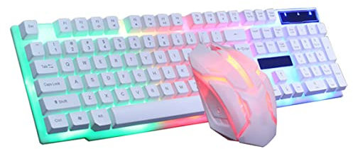 Baobiutin White Wired Gaming Keyboard Mouse Set, GTX300 Mouse, Membrane Keyboard, RGB Lighting, USB, PC, Laptop, Desktop
