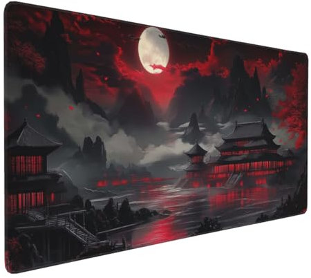 Grand Tapis de Souris Japonais Pleine Lune au Bord de la Rivière - Noir et Rouge, Base Antidérapante, Bords Cousus - Pour Bureau, Travail et Jeu