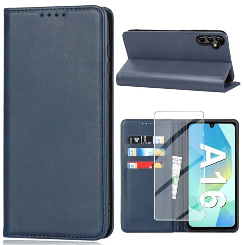 Vaki für Samsung Galaxy A16 5G Hülle mit Schutzfolie, Handyhülle Galaxy A16 4G/5G PU Leder Wallet Kartenfach Klapphülle, Schutzhülle für Samsung A16 Flip Case Cover Coqu Tasche Handyschutz (Blau)