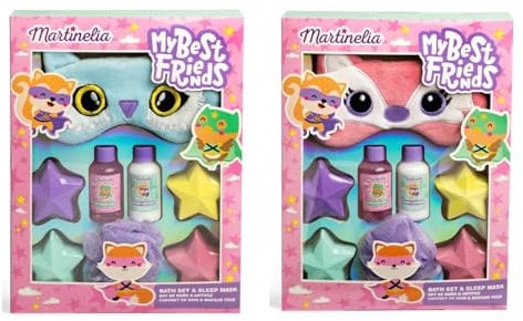 MARTINELIA - Coffret de Bain et Masque de Nuit Pour Enfant - Bombes de Bain, Gel Douche, Lotion Corps & Fleur de Douche Pour Fille - Coffret Cadeau Pour Enfant - Modèle Aléatoire Renard ou Chouette