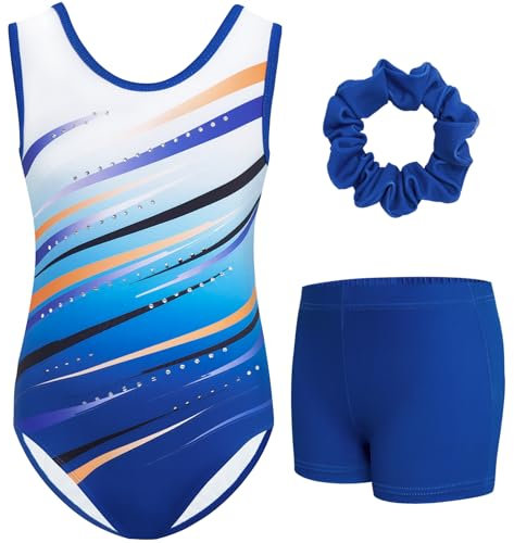 Gogokids Ärmelloses Gymnastiktrikot-Set für Mädchen, dreiteilig mit Shorts und Haargummi, Kinder Gymnastik Outfits mit Aushöhlen & überkreuztem Design, Glitzer Ballett-Einteiler für Alter 11-12
