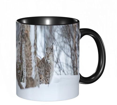 reyawdf Original Tasse mit lustigem Design,Ein Europäischer Luchs im Schnee. Kalter Winter Februar Norwegen.,330ml, für Kaffee- und Teeliebhaber, als Geschenk für Weihnachten, Geburtstag und mehr