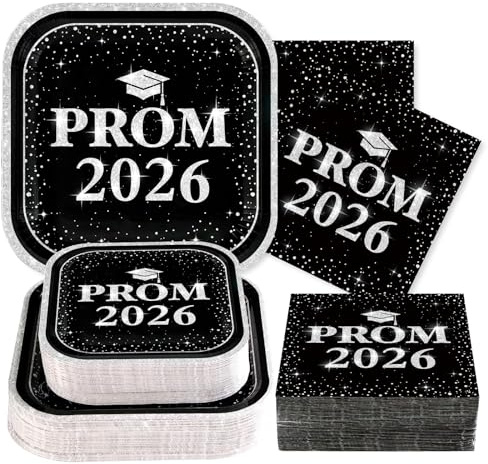 Grencian 200 Pcs 2025 Prom Graduation Party Supplies - Black & Silver Square Plates & Napkins - Serves 50