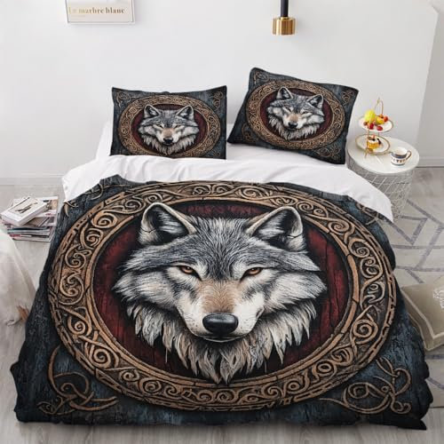 Bettwäsche-Sets 200x200 cm Wolf Totem Odin Tier Wikinger 3D-Printing Lebendige Farben Bettwäsche Mikrofaser 3 Teilig Mit Verdecktem ReißVerschluss Und EckbäNdern 2 KissenbezüGe Sind 80x80 cm