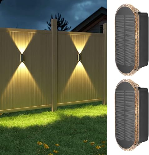 Ellasay Solar Powered Fence Lights, 2 Pack Solar Wall Lights Outdoor IP67 Waterproof 3 Color Modes Brighter LED Glasses Lights