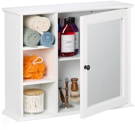 Relaxdays Spiegelschrank, 3 offene Fächer, 2 Schrankfächer, H x B x T: 48 x 60 x 18 cm, Badezimmer Hängeschrank, weiß
