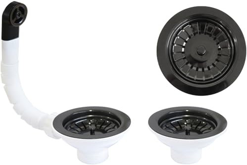 Piletta pilettone di scarico tipo basket per lavello lavabo 2 vasche con troppo pieno, con attacco da 11/2 e Foro da Ø 90mm, Pilettone Ø 114mm, pilette standard in PVD Nero con vite e cestello