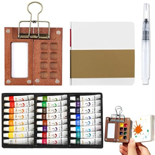 agogue 8 Gitter Mini Aquarell Set für Künstler, Tragbar Pocket Aquarell Set Unterwegs (Malerei+ Stift + Buch + 24 Farben), Mini Watercolor Sketchbook Aquarellfarben für Künstler Und Anfänger﻿